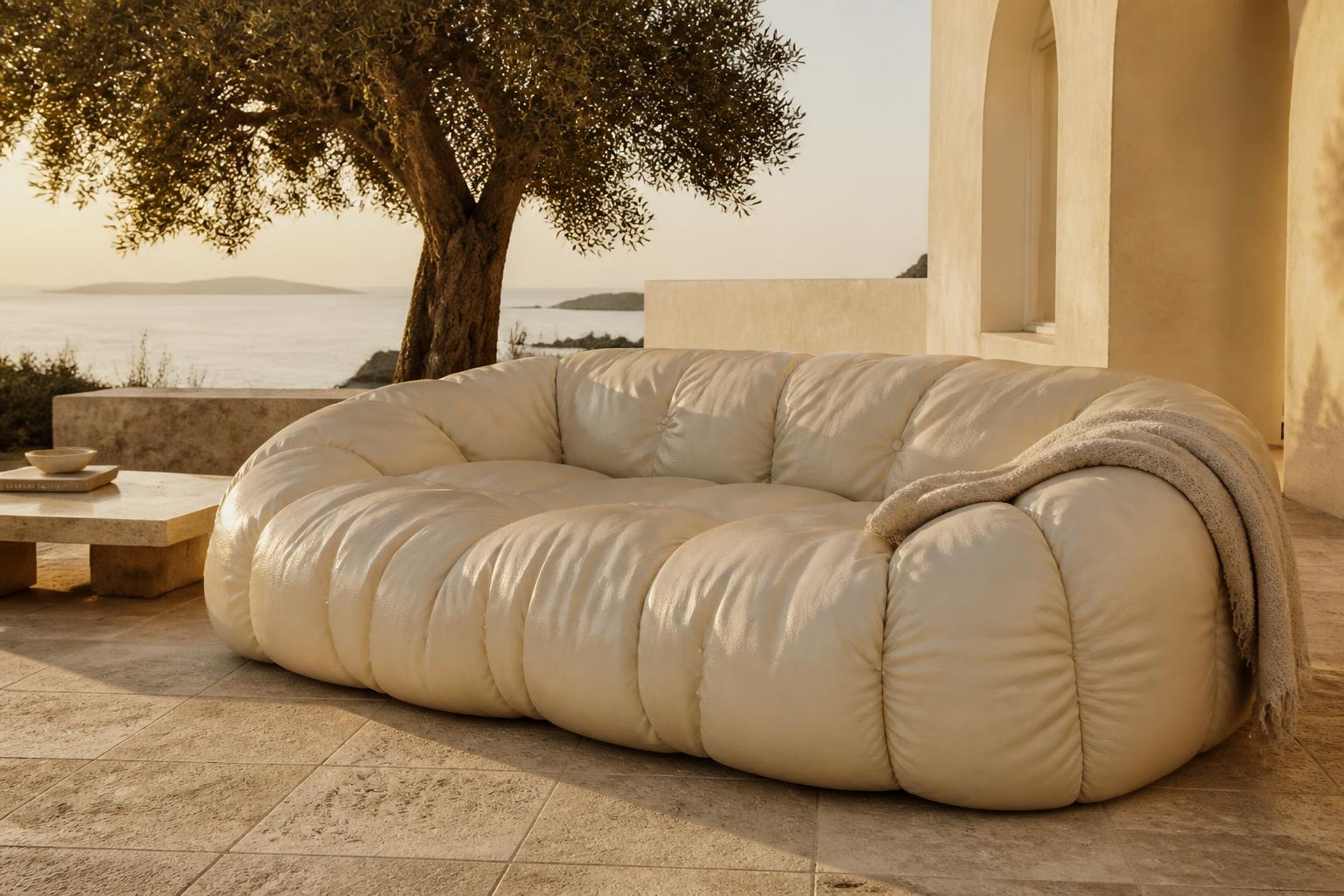 Cream inflatable BELROAM sofa on a Mediterranean terrace at golden hour